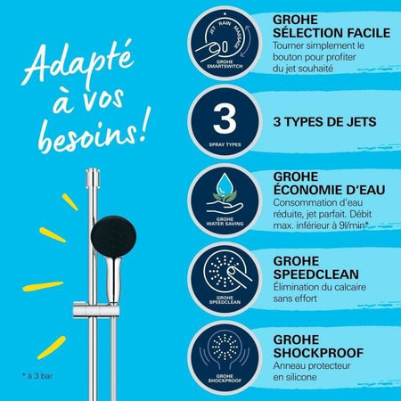 Set doccia con soffione 3 getti, asta 90 cm e flessibile - GROHE Vitalio Start 110 26956001 - Risparmio idrico - Cromo