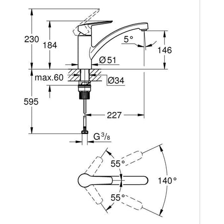 GROHE Start - 324412432 - Rubinetto cucina - Miscelatore monocomando lavello - Nero opaco - Bocca bassa - Rotazione 140