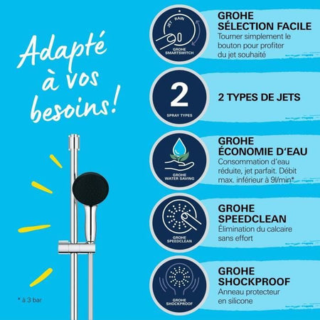 Set doccia con soffione a 2 getti, asta da 60 cm e flessibile da 1,75 m - GROHE Vitalio Start 110 27948001 - Risparmio idrico - Cromo
