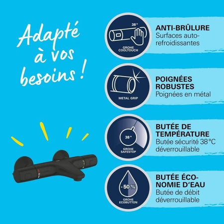 Miscelatore termostatico per vasca/doccia - GROHE Precision Trend - 1022162432 - Nero opaco - Montaggio a parete esterna - Risparmio idrico