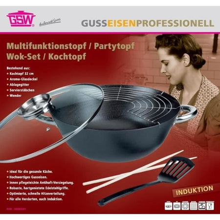 Wok multifunzione 5 pezzi - GSW - 860956 - Acciaio fuso - 32 cm - Adatto a tutti i piani cottura, anche a induzione