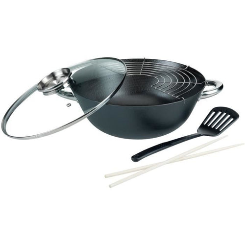 Wok multifunzione 5 pezzi - GSW - 860956 - Acciaio fuso - 32 cm - Adatto a tutti i piani cottura, anche a induzione