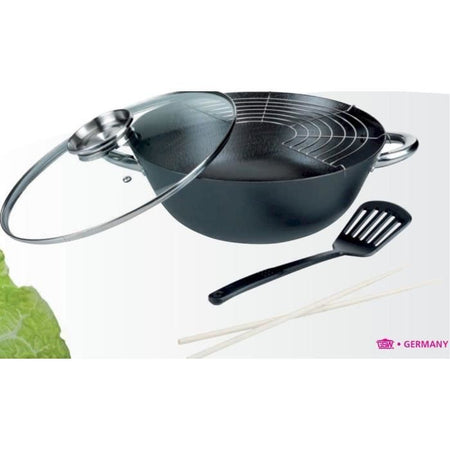 Wok multifunzione 5 pezzi - GSW - 860956 - Acciaio fuso - 32 cm - Adatto a tutti i piani cottura, anche a induzione