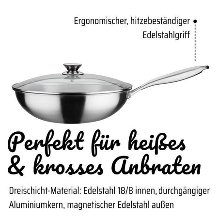 GSW Wok pro con coperchio -  32 cm - Fondo a 3 strati - Manico rivettato - Acciaio inossidabile - Tutte le fonti di calore inclusa l'induzione