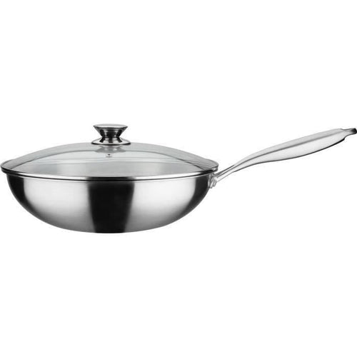 GSW Wok pro con coperchio -  32 cm - Fondo a 3 strati - Manico rivettato - Acciaio inossidabile - Tutte le fonti di calore inclusa l'induzione