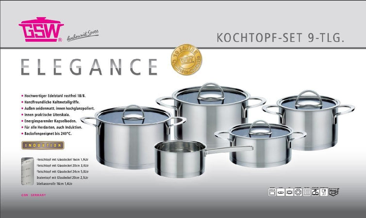 GSW Elegance - Batteria di pentole in acciaio inossidabile da 9 pezzi - Tutti i piani cottura a induzione