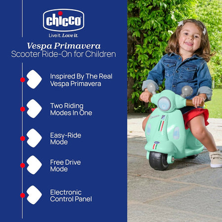 CHICCO Vespa - modello Bambini Primavera colore VERDE ACQUA, Moto Giocattolo Cavalcabile con Pannello Elettronico, Luci e Suoni, Ruote di Supporto Rimuovibili, Max 25 Kg - Giochi per Bambini 1-3 Anni