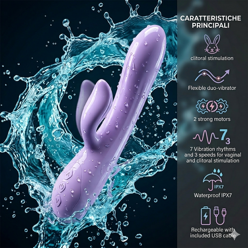 Vibratore Rabbit Purple Rain DUO 2 motori stimolatore clitorideo 7+ 3 modalità 22,8 cm