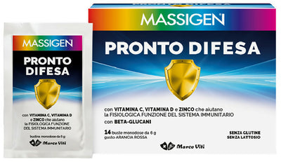 Pronto difesa 14 bustine Massigen. 1+1 OMAGGIO Per la funzione del sistema immunitario con vit. C, vit. D, Zinco e beta-glucani.