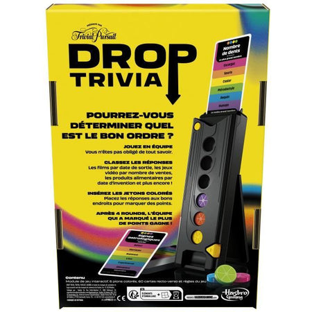 Drop Trivia, gioco elettronico di gruppo con voce e suoni, dai 13 anni, 2 giocatori o più, 15 min, ispirato a Trivial Pursuit, Hasbro Ga
