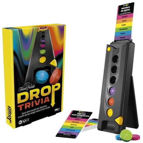 Drop Trivia, gioco elettronico di gruppo con voce e suoni, dai 13 anni, 2 giocatori o più, 15 min, ispirato a Trivial Pursuit, Hasbro Ga