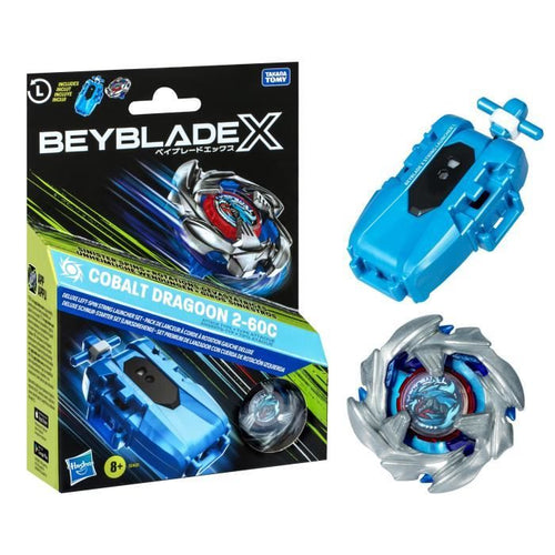 Beyblade X Pack Cobalt Dragoon 2-60C con lanciatore di corde Deluxe, trottola con rotazione a sinistra, età 8+