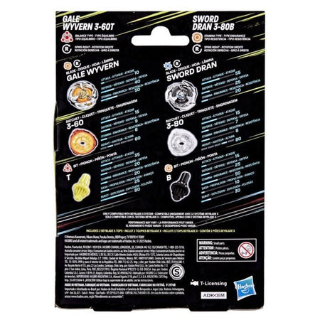 Beyblade X Dual Pack Gale Wyvern 3-60T e Sword Dran 3-80B, 2 autentici Takara Tomy Right Spin Competition Top, Des