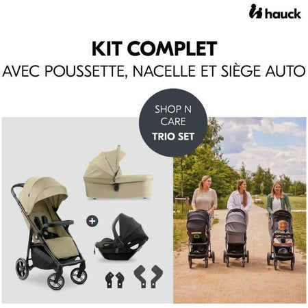 HAUK - Set da viaggio 3 in 1 Shop N Care Trio - Passeggino + Navicella + Seggiolino auto + Adattatori - 4 ruote - Oliva