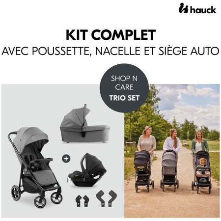 HAUK - Set da viaggio 3 in 1 Shop N Care Trio - Passeggino + Navicella + Seggiolino auto + Adattatori - 4 ruote - Grigio