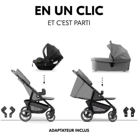 HAUK - Set da viaggio 3 in 1 Shop N Care Trio - Passeggino + Navicella + Seggiolino auto + Adattatori - 4 ruote - Grigio