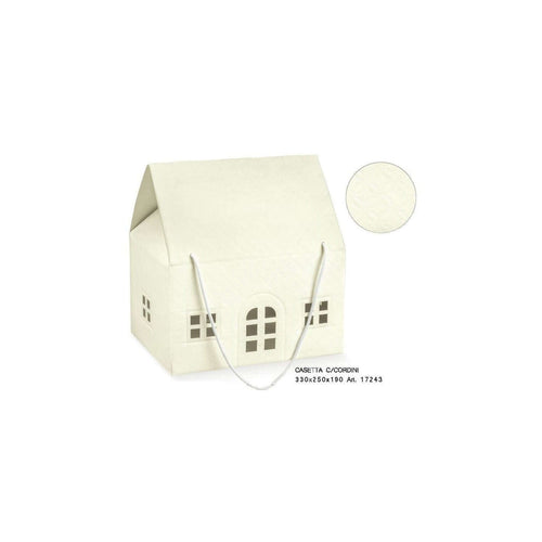 Casetta Florentina grande in cartoncino teso bianco con motivo matalassé, finestre laterali e cordino in cotone, misura 33x25x19 cm, ideale per confezioni eleganti.