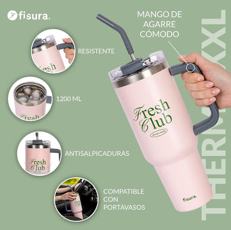 FISURA Thermos XXL con cannuccia e scritta "Fresh club"