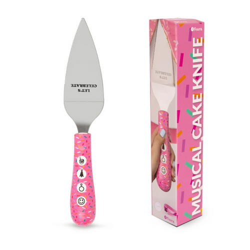 FISURA Coltello musicale per torta con scritta Let's celebrate