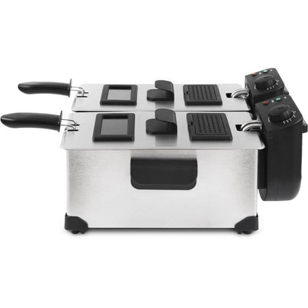 HKoeNIG DFX600 - Friggitrice doppia 2x3L - 3600W - 2 termostati indipendenti - Cestelli estraibili - Filtri antiodore - Acciaio