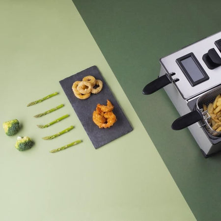 HKoeNIG DFX600 - Friggitrice doppia 2x3L - 3600W - 2 termostati indipendenti - Cestelli estraibili - Filtri antiodore - Acciaio