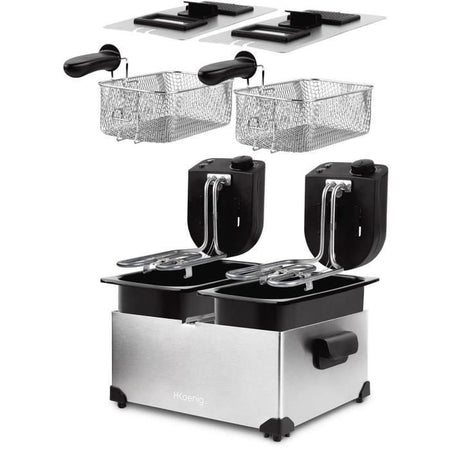 HKoeNIG DFX600 - Friggitrice doppia 2x3L - 3600W - 2 termostati indipendenti - Cestelli estraibili - Filtri antiodore - Acciaio