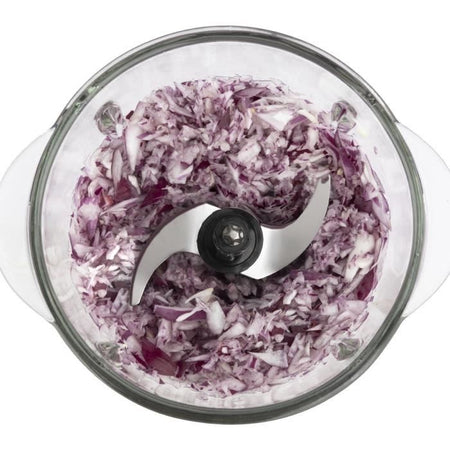 Mini tritatutto elettrico - H.Koenig - LEO8 - 320 W - Ciotola in vetro da 1 L - Lame in acciaio inossidabile - Nero opaco e cromato