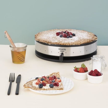 HKoeNIG KREP29 Crepiere 33cm - Temperatura fino a 230 C - 1300W - Rivestimento antiaderente - Indicatore di riscaldamento - Cinturino in acciaio inossidabile