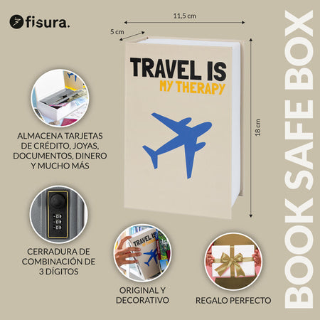 FISURA Cassaforte a forma di libro con scritta "Travel is my therapy"