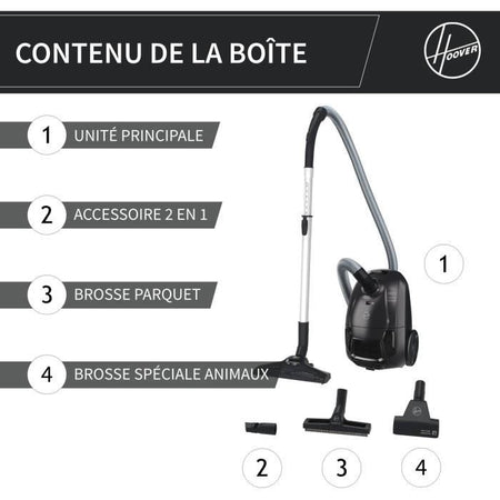 HOOVER HE1 - Aspirapolvere a bidone con sacco Compatto e Potente - Grande Capacità 2,5 L - Alte prestazioni su Pavimenti Duri e Tappeti