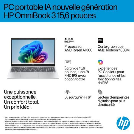 PC portatile HP Omnibook 3 15-fn0018nf - Windows 11 - 15.6 FHD IPS - Ryzen AI 5 340 - 24 GB di RAM - Memoria SSD da 512 GB - AZERTY