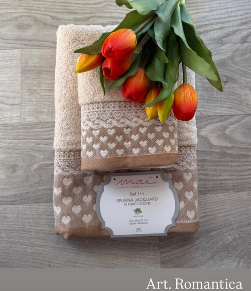 Set Asciugamani 1+1 Via Roma 60 Romantica Cuori – Spugna di Cotone Jacquard 420 gr/m²
