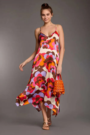 ICONIQUE | Abito lungo bretelle fantasia fiori geometrici