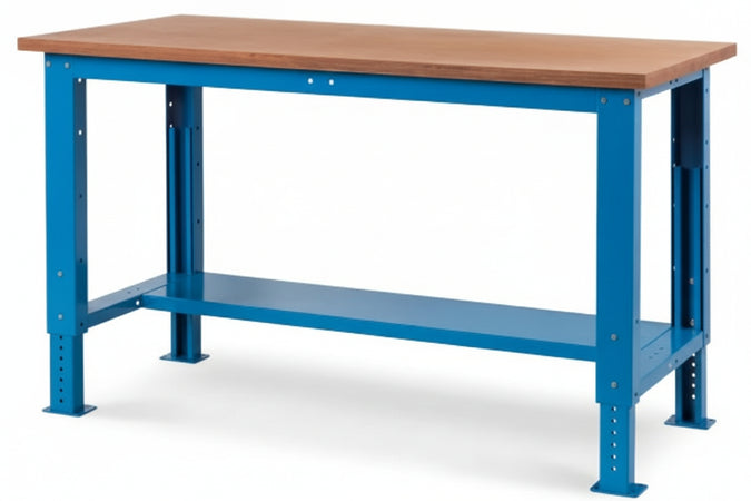 Banco da lavoro di acciaio verniciato fornito smontato con piano in faggio cm. 102,4x75x74/110