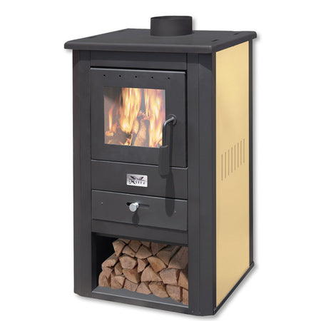 Stufa a legna "Pallade" in acciaio da 10,7 kW con pannelli