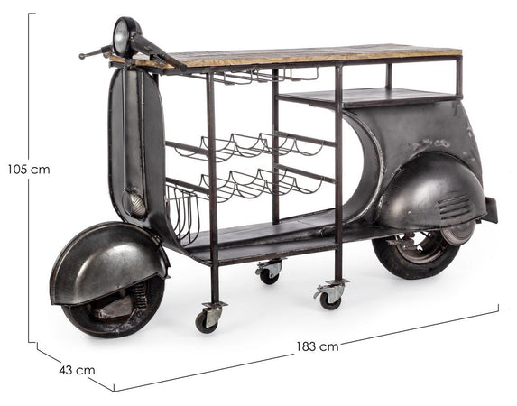 Consolle da bar "Vespa Replica" moderno con piano in legno, ruote, 183 x 43 x 105 cm
