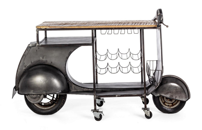 Consolle da bar "Vespa Replica" moderno con piano in legno, ruote, 183 x 43 x 105 cm