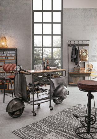 Consolle da bar "Vespa Replica" moderno con piano in legno, ruote, 183 x 43 x 105 cm