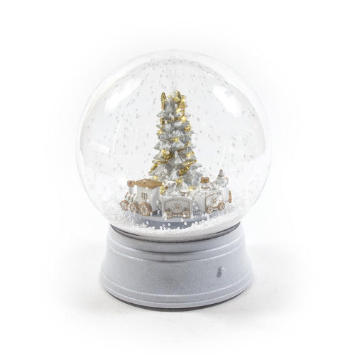 Palla di neve bianca con treno in movimento neve luci e musica 25x25x29cm
