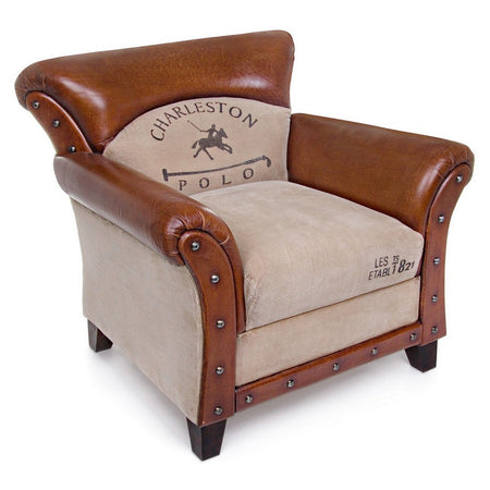Poltrona "Charleston" per interno, Struttura In Legno Di Mango, Rivestimento In Tela Riciclata E Vera Pelle Di Bufalo 86 x 76 x 77h cm