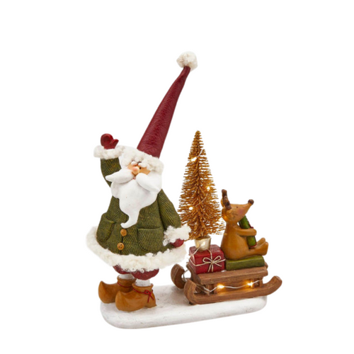 Statuetta natalizia Babbo con slitta e renna verde e rosso da 26 cm