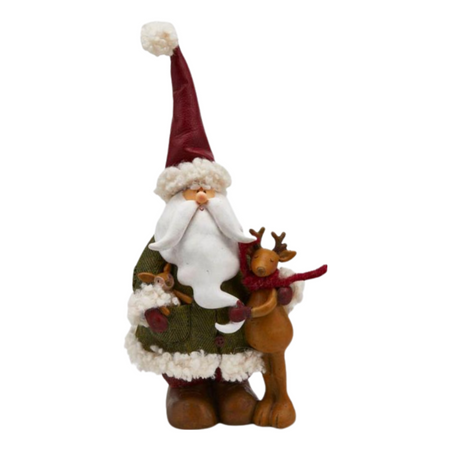 Statuetta natalizia "Bimbo con Renna" verde e rosso da 29 cm