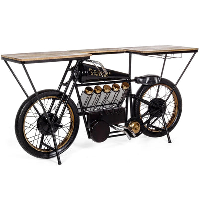Consolle da bar Moto Replica moderno con piano in legno, ruote, 183 x 43 x 89 cm