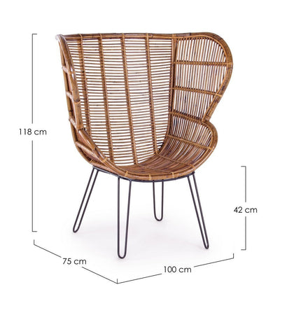 Poltrona "Estefan" per interno, Seduta In Rattan Ed Intreccio In Kubu 100 x 75 x 118h cm
