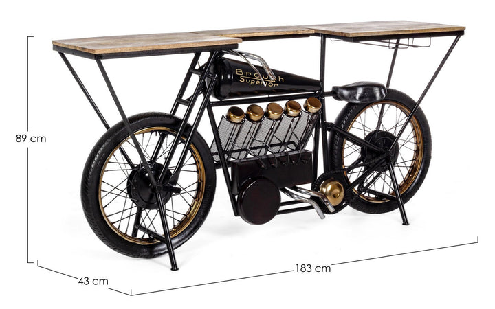 Consolle da bar "Moto Replica" moderno con piano in legno, ruote, 183 x 43 x 89 cm