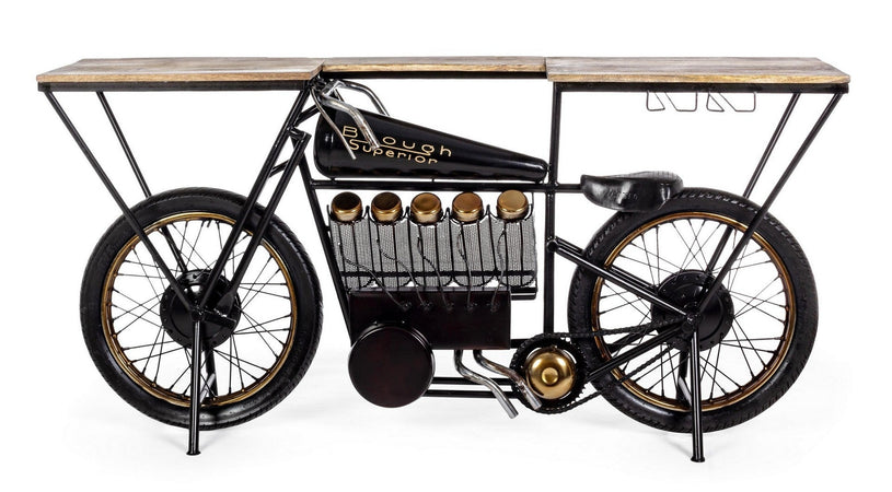 Consolle da bar "Moto Replica" moderno con piano in legno, ruote, 183 x 43 x 89 cm