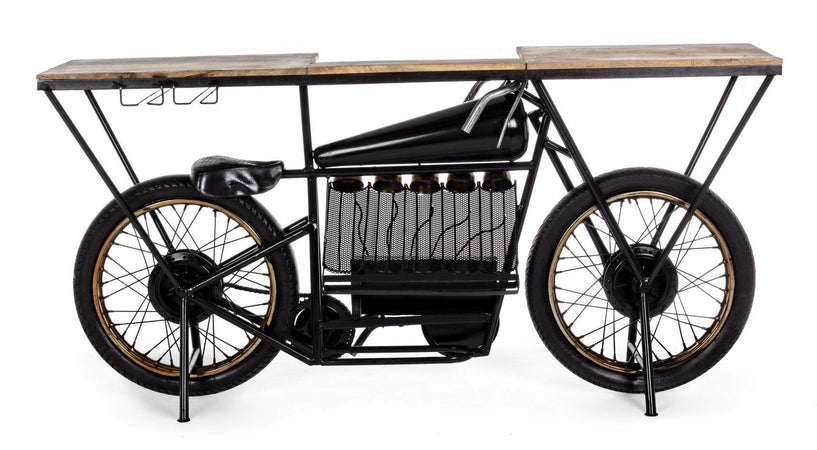 Consolle da bar "Moto Replica" moderno con piano in legno, ruote, 183 x 43 x 89 cm