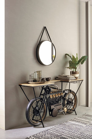 Consolle da bar "Moto Replica" moderno con piano in legno, ruote, 183 x 43 x 89 cm