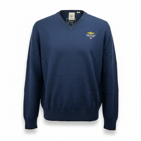 Maglia uomo Aeronautica Militare - Scollo a V toppe in tinta Fregio frontale Blu scuro