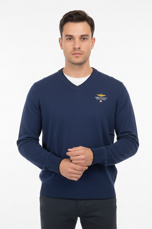 Maglia uomo Aeronautica Militare - Scollo a V toppe in tinta Fregio frontale Blu scuro